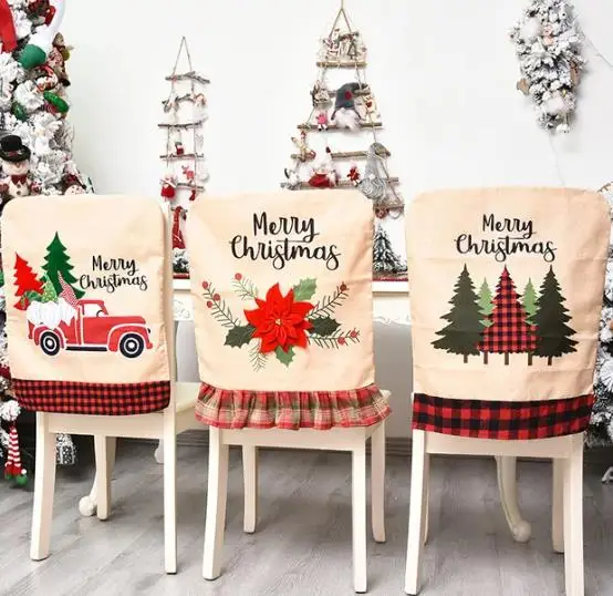 Embroidery Xmas Tree - 4/6/8szt Świąteczny pokrowiec na krzesło Lniany