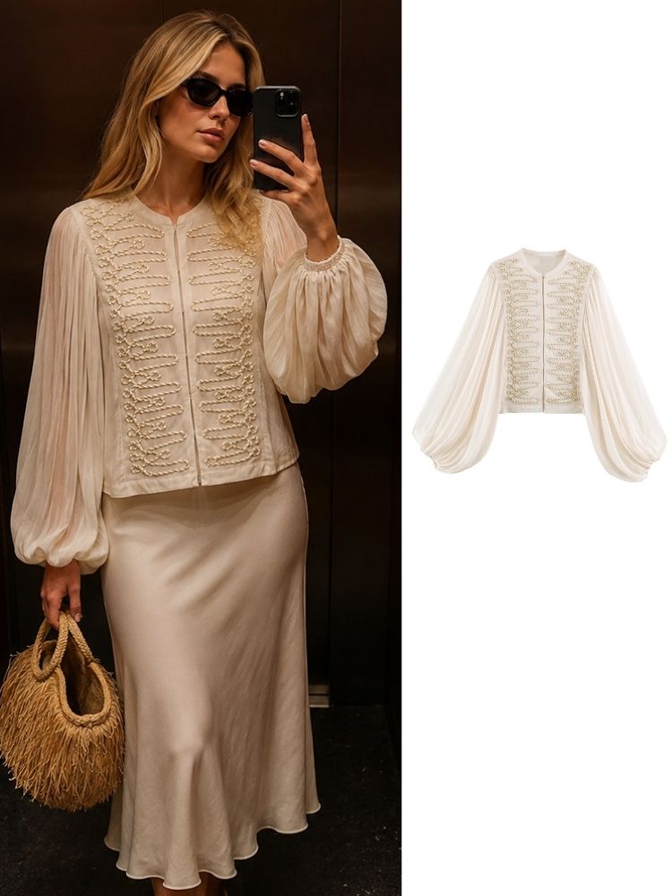 Embroidery Cardigan - HH Damski wiosenno-letni szyfonowy krótki kardigan