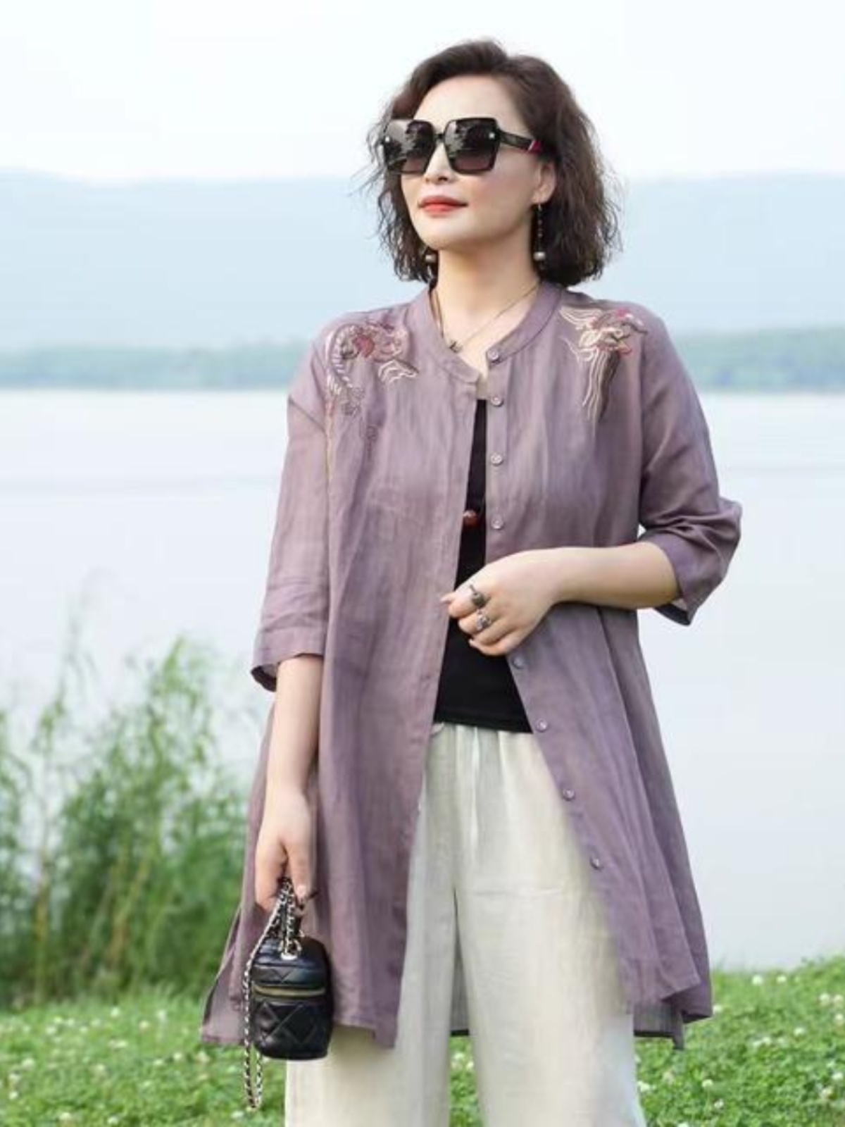 Embroidery Cardigan - Retro haftowana koszula z mieszanki bawełny