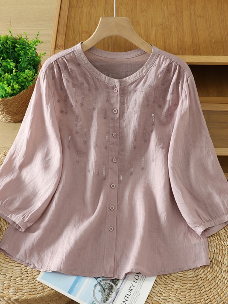 Embroidery Cardigan - Retro Brokatowa Koszula Lniana z Haftem