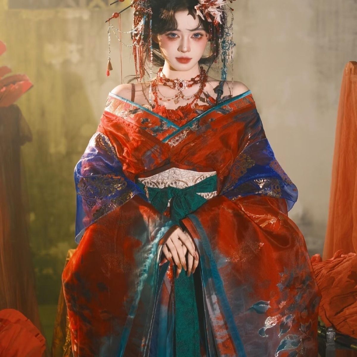 Embroidery Dress - Czarno-niebieski haftowany Hanfu damski, ulepszony tradycyjny