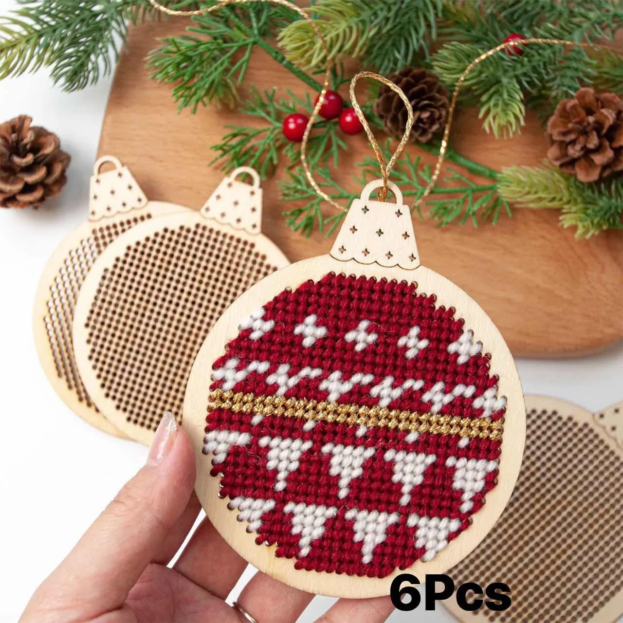 Embroidery Xmas Tree - 12 szt. Świąteczne drewniane zawieszki do