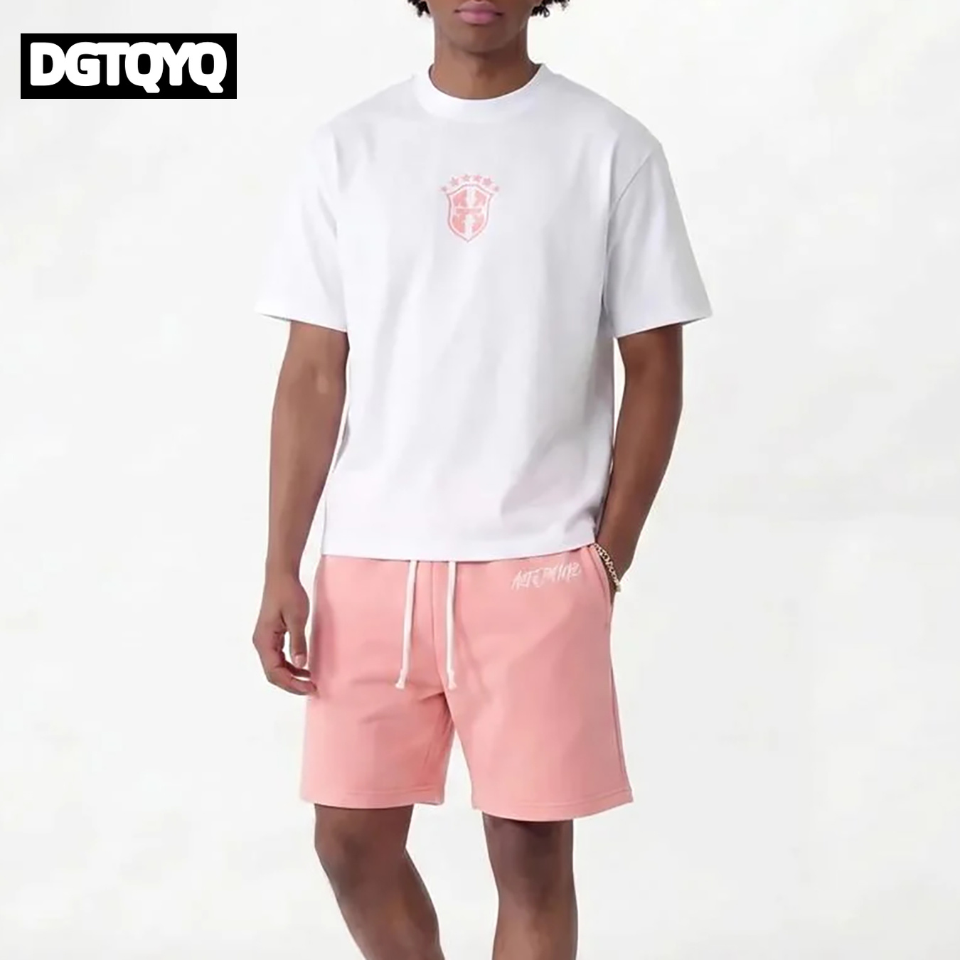 Embroidery Tshirt - Męskie letnie nowe różowe haftowane szorty