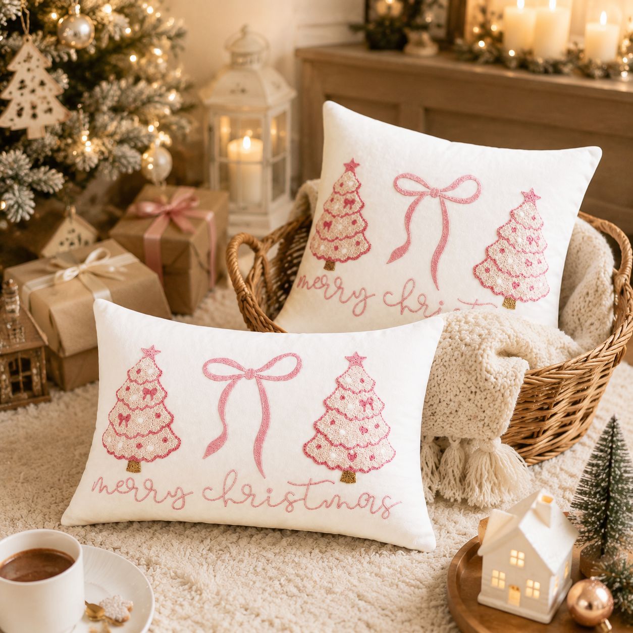 Embroidery Xmas Tree - Eleganckie różowe świąteczne poszewki na poduszki