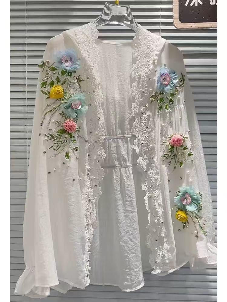 Embroidery Cardigan - Oddychająca bawełna mieszana biała koszula z